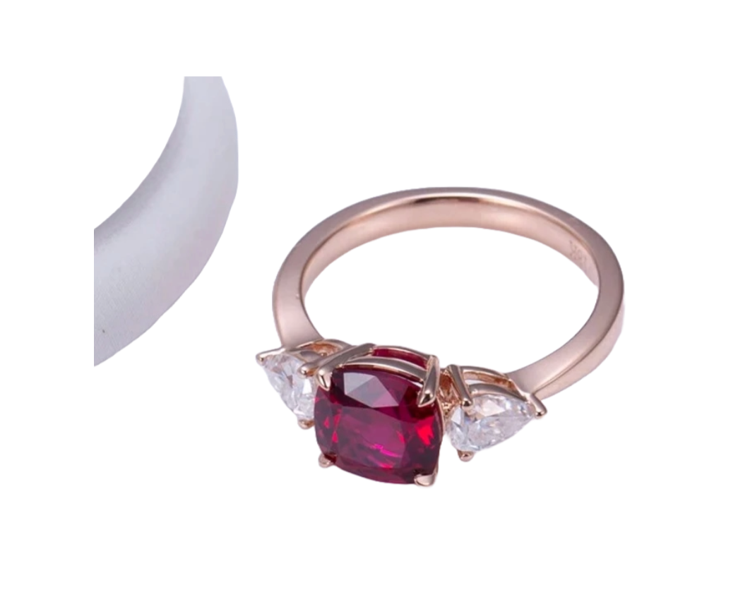 SSR014-Serenity Moissanite 18K Rose Gold Three Stone Ruby Wedding Engagement Ring