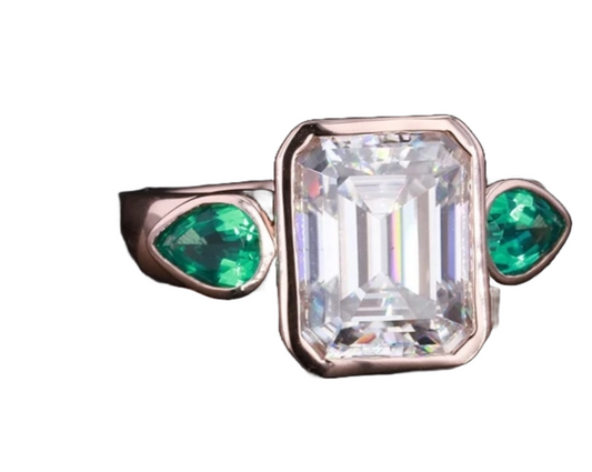 SSR019-Serenity Moissanite Diamond Rose Gold Bezel Setting Emerald Cut Pear Emerald Three Stone Ringhree Stone Ring