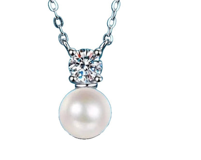 SSNL012-Serenity 0.5ct D Moissanite 925 Silver 8mm Real Natural Fresh Pearl Pendant Wedding Necklace