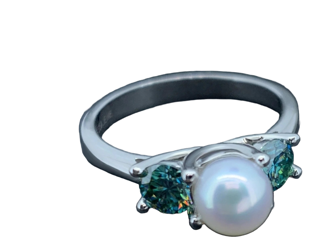 SSR109-Serenity 4mm Green Moissanite 5mm Freshwater Pearls 925 Sterling Silver Party Ring