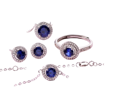 SSS004-Serenity 925 Sterling Silver Blue Sapphire Fine Engagement Jewellery Set