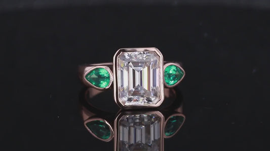 SSR019-Serenity Moissanite Diamond Rose Gold Bezel Setting Emerald Cut Pear Emerald Three Stone Ringhree Stone Ring