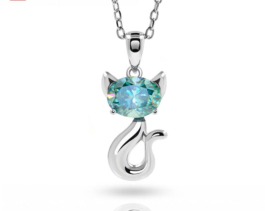 SSNL027-Serenity 1.5ct 6*8mm Moissanite 18K White Gold Plated 925 Sterling Silver Cat Necklace