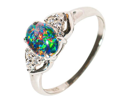 SSR103-Serenity 0.8ct Moissanite Diamond 14K White Gold Round Cut Nature Opal Ring