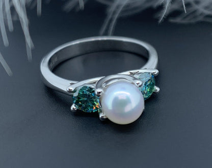 SSR109-Serenity 4mm Green Moissanite 5mm Freshwater Pearls 925 Sterling Silver Party Ring